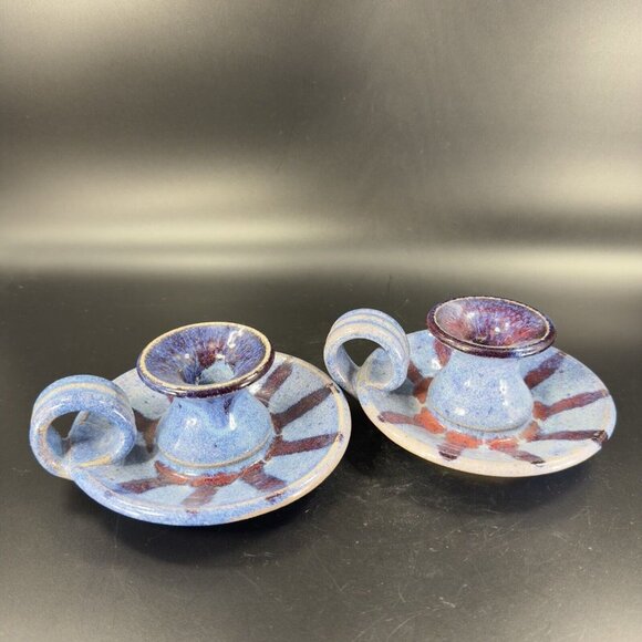 Hand Made Studio Art Pottery Candle Stick Holder Set 2 Multicolor Drop Glaze VTG - Picture 12 of 15